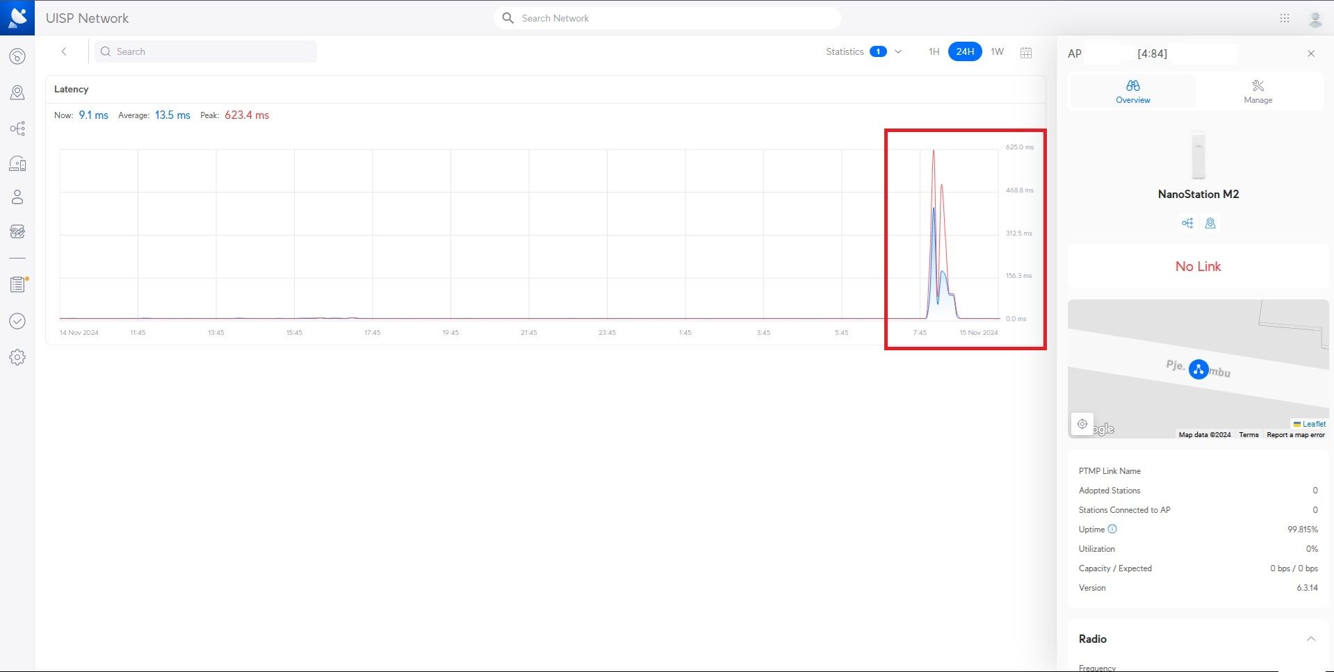 Device latency overview showing external monitoring data